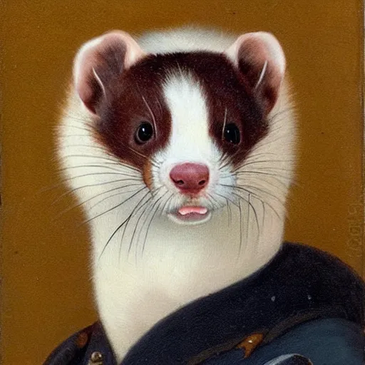 Prompt: Ferret with brown face markings in a general outfit , painted by Jan Willem Pieneman, Courageous, Bold, painting