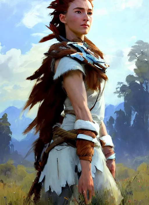 Prompt: portrait of a caucasian Aloy from Horizon Zero Dawn in white clothes, countryside, calm, fantasy character portrait, dynamic pose, above view, sunny day, clouds in the sky, artwork by Jeremy Lipkin and Giuseppe Dangelico Pino and Michael Garmash and Rob Rey and Greg Manchess, very coherent asymmetrical artwork, sharp edges, perfect face, simple form, 100mm