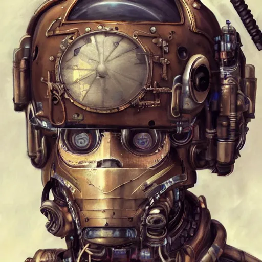 Image similar to portrait painting of a steampunk cyborg soldier transhumanism, ultra realistic, concept art, studio ghibli, intricate details, eerie highly detailed