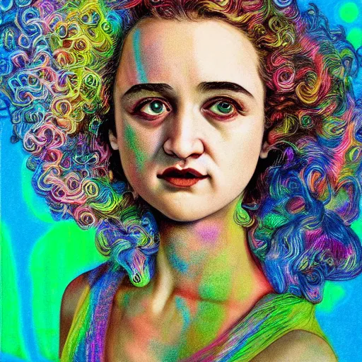 Image similar to surrealism psychedelic portrait sketch of julia garner as delirium of the endless in fishnet top and rainbow tutu skirt from the sandman, floating goldfish, green and blue eye heterochromia by alex ross, josh kirby, detailed, elegant, intricate