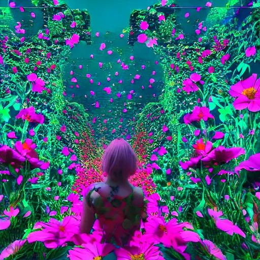 Prompt: group young ladies lost in a giant flower garden, pinks, gold in the style of cyberpunk glitch painting, octane render, 8k