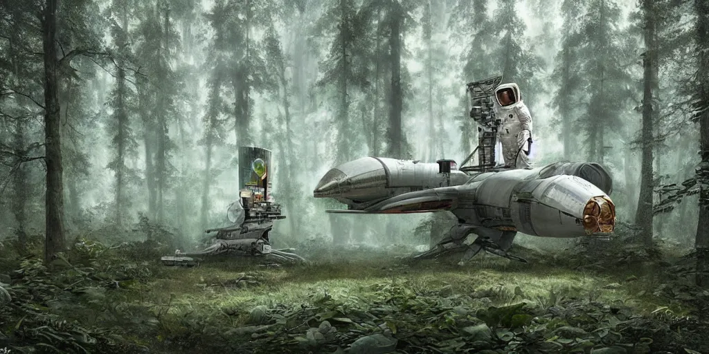 Image similar to an astronaut and a space ship in a forest, a detailed matte painting by frieke janssens, featured on cgsociety, space art, matte painting, matte drawing