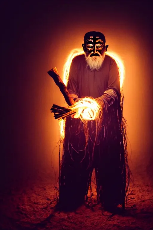 Image similar to full body shot of hanging old asian man with long beard, his head covered in roots, full face occult silver mask, bright multiple glowing eyes, holding a large carved wooden dark fractal stick, hanging upside down, thick smoke around him, in the burning soil desert, cinematic shot, wide angle, dark desert background, volumetric lighting by Denis Villeneuve, Lubezki, Gaspar Noe, Christopher Doyle and Alejandro Jodorowsky, anamorphic lens, anamorphic lens flares, kodakchrome, cinematic composition, practical effects, award winning photo, 8k