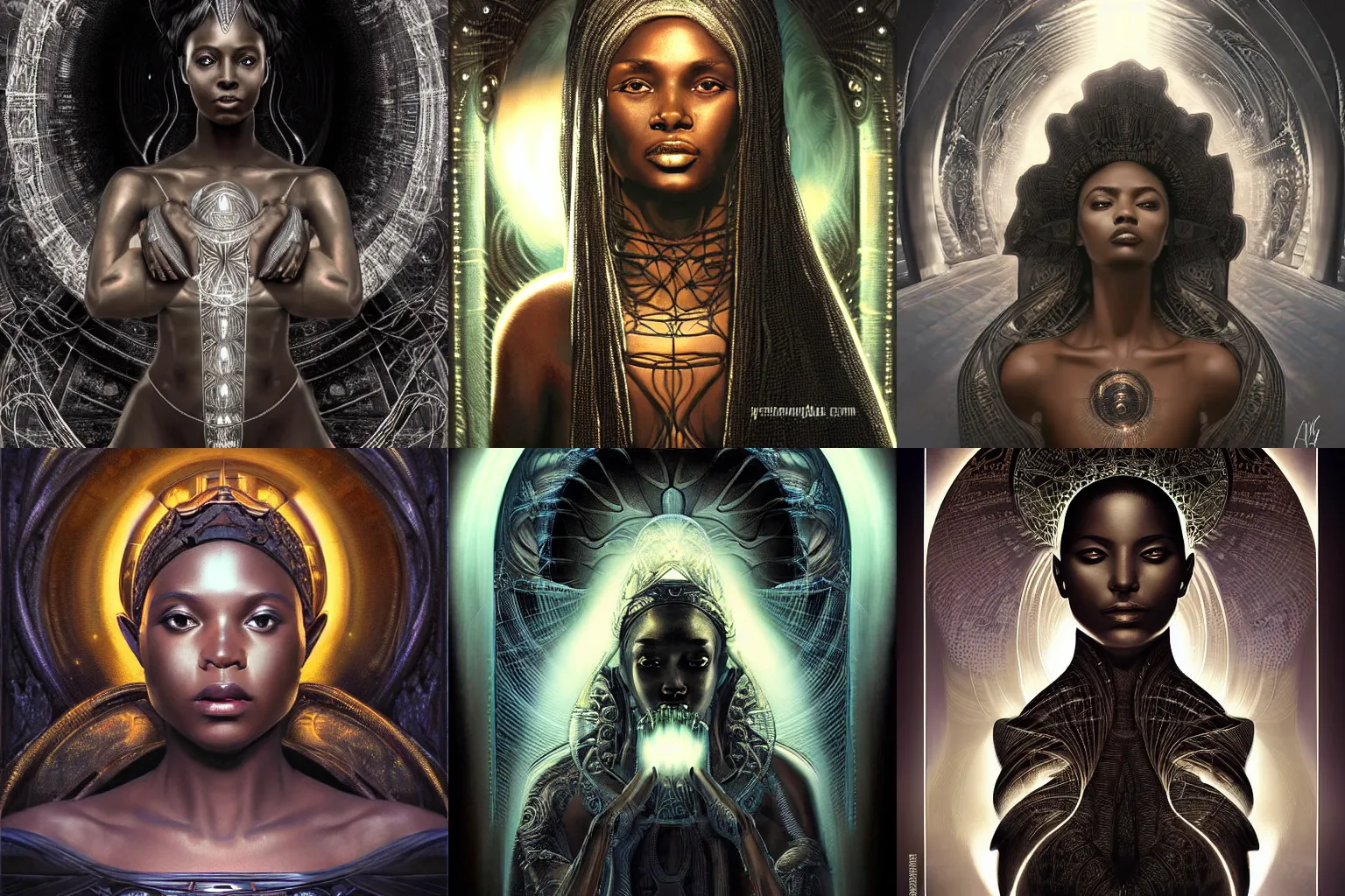 Prompt: digital art by h r giger, black african princess, warm volumetric lighting, cosmic, symmetric, highly detailed, elegant, concept art, heavenly, god rays, glowing aura, intricate, sharp focus, illustration, alexandros pyromallis, bouguereau, rutkowski, artgerm, alphonse mucha