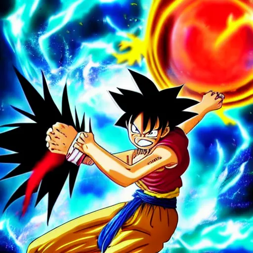 Image similar to luffy fighting goku, epic, awesome, spirit bomb, devil fruit, manga, battle