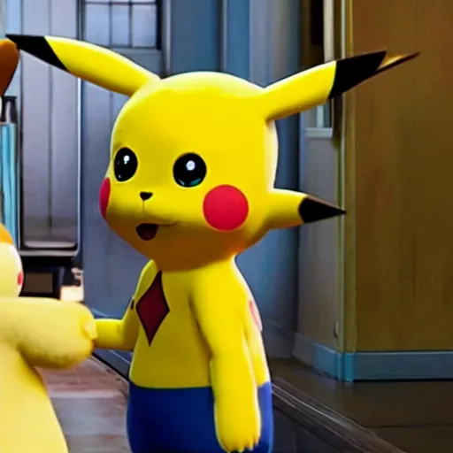 Prompt: Detective Pikachu interrogating Spongebob