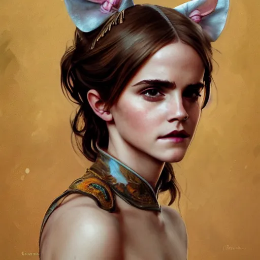 Image similar to a beautiful portrait of emma watson with cat ears, neko girl, fantasy, intricate, elegant, highly detailed, digital painting, artstation, concept art, matte, sharp focus, illustration, art by greg rutkowski and alphonse mucha