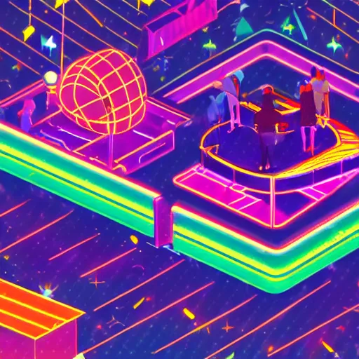 Image similar to Liminal space in outer space, Googie Kitsch aesthetic, colorful isometric, animusic complex machine, at night with neon lights, googie motifs, isometric perspective