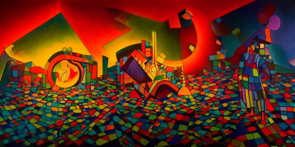 Image similar to trapped on a hedonic treadmill, dark uncanny surreal painting by ronny khalil, and kandinsky, dramatic lighting from fire glow, mouth of hell, ixions wheel