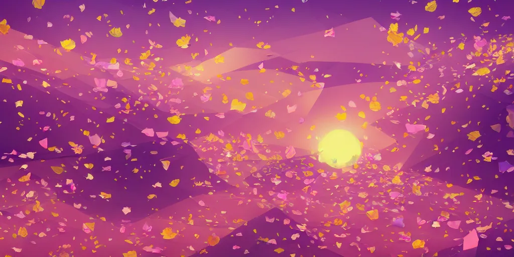 Image similar to background art of spaciously scattered flower petals flowing and flowing through the air from left to right on a simple sunset background, large individual rose petals, angular background elements, polygonal fragments, anime, artgerm, manga, trending on artstation, art nouveau, mature color scheme