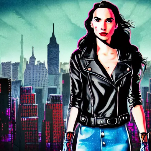 Prompt: a colorfully detailed comic noir style cartoon of gal gadot wearing a leather jacket in a post-apocalyptic new york city by queens of the stone age, dark vibes, street art, cinematic, high contrast