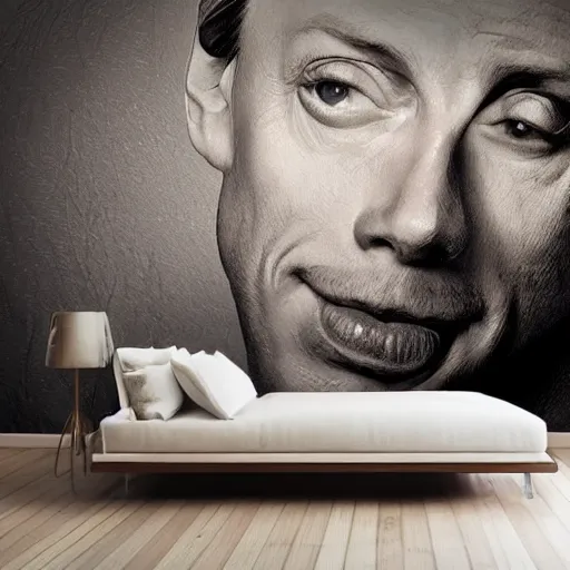 Image similar to a cozy bedroom interior with wall murals of steve buscemi, detailed, high resolution, wow!, intricate, volumetric lighting, raytracing