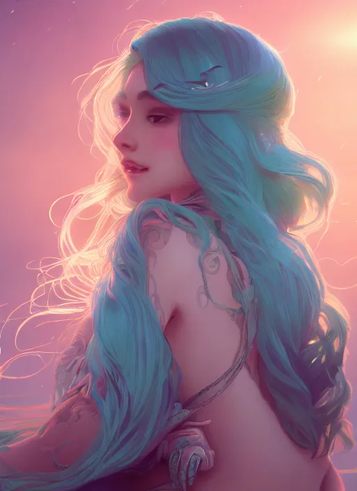 Prompt: beautiful girl with long turqoise hair, cute, intricate, highly detailed, digital painting, trending on artstation, concept art, smooth, sharp focus, backlit, rim light, illustration, unreal engine 5, 8 k, art by rossdraws and alphonse mucha