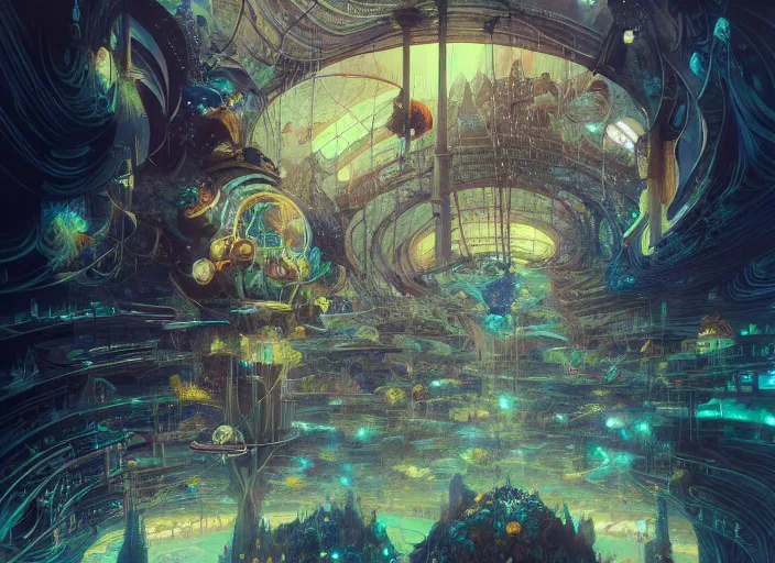 Image similar to favela spaceship cathedral, underwater environment, sorcery, scenery, professional, award - winning, trending on artstation, hyper detailed, realistic, beautiful, emotional, shiny, somber, picture in the style of makoto shinkai victo ngai and peter mohrbacher studio ghibli artgerm karol bak beeple