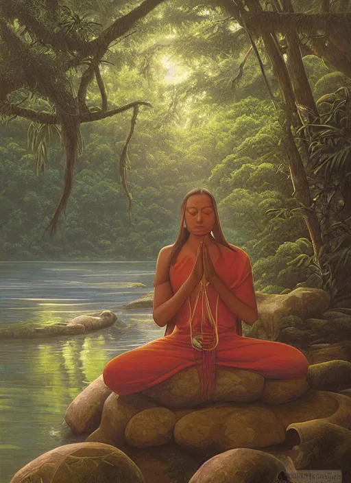 Image similar to an indigenous woman meditating near a river in the amazon jungle, art by christophe vacher
