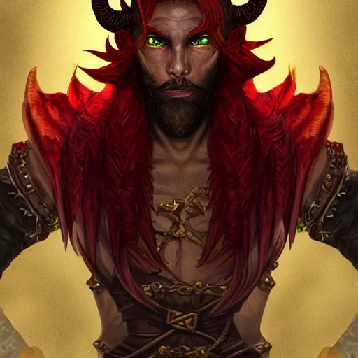 Image similar to dnd portrait of a tiefling, male, red scales, a big black beard, completely golden eyes, 2 curved horns growing out of his forehead,