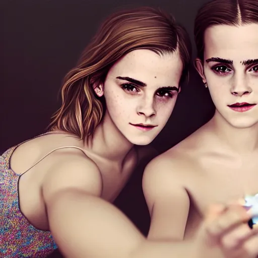 Prompt: beautiful serene intricate portrait of emma watson and emma watson taking a selfie, relaxing on the beach, golden hour, soft focus, 8 k, art by irakli nadar, hyperrealism, hyperdetailed, ultra realistic