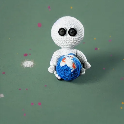 Image similar to small robot crochet astronaut traveling alone on a fluffy yarn planet. cute, illustration, digital art, inspired by little big planet, by greg rutkowski, detailed, sharp, masterpiece, highly detailed, photorealistic, octane render, 8 k, unreal engine 5, trending on artstation, cinematic