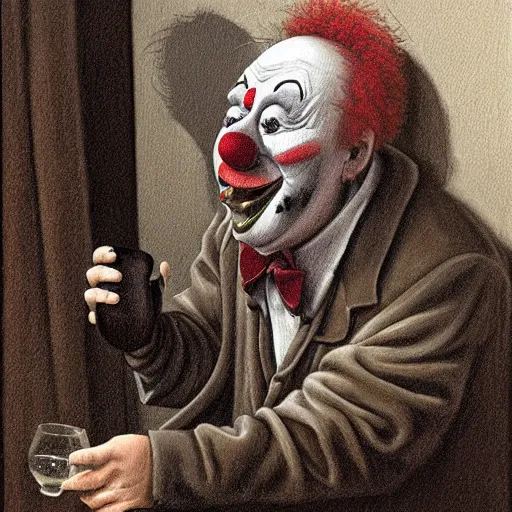 Image similar to a hyperrealistic painting of a depressed clown sitting backstage drinking whiskey and crying, by john kenn mortensen, highly detailed,