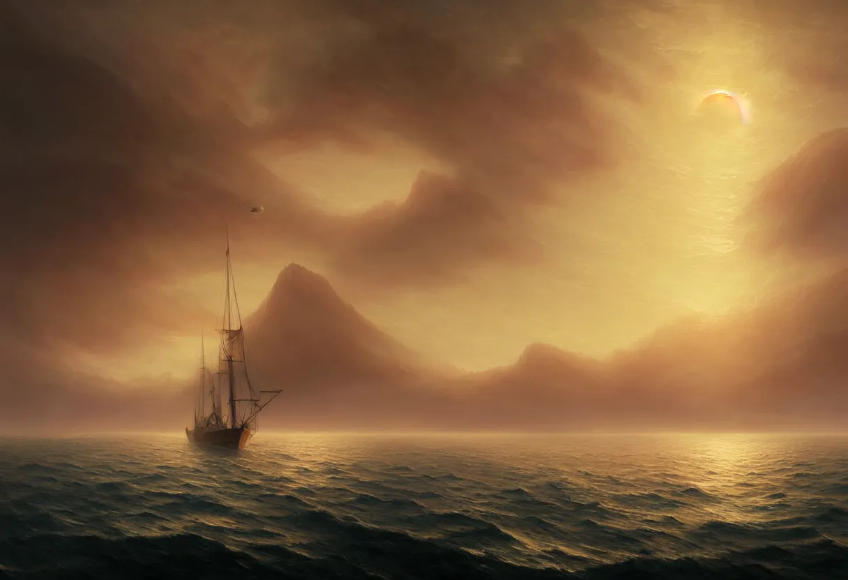 Image similar to strange sea surface of autumn planet at sunset, sailing ship on horizon, ultra high definition, ultra detailed, symmetry, fog, matte painting, by greg rutkowski and ross tran and wlop