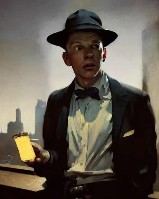 Image similar to young frank sinatra as a poor dystopian dieselpunk soviet bartender serving a client. art by greg rutkowski, gustave courbet, rosa bonheur, edward hopper. faithfully depicted facial expression, perfect anatomy, sharp focus, global illumination, radiant light, detailed and intricate environment, trending on artstation