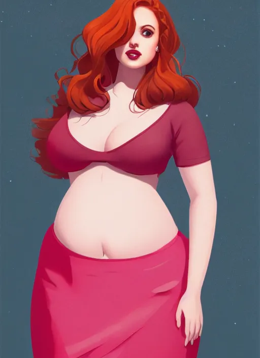 Image similar to full body portrait of teenage cheryl blossom, obese, bangs, sultry, realistic, red hair, sultry smirk, wavy hair, pink skirt, fat, belly, intricate, elegant, glowing lights, highly detailed, digital painting, artstation, concept art, smooth, sharp focus, illustration, art by wlop, mars ravelo and greg rutkowski