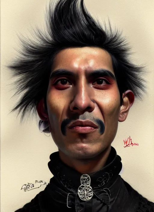 Image similar to portrait of a peruvian man with a crooked nose and a confident expression, 1 9 6 0 s, black clothes, goth, punk, brightly coloured hair, funk, intricate, elegant, highly detailed, digital painting, artstation, concept art, smooth, sharp focus, illustration, art by wlop, mars ravelo and greg rutkowski