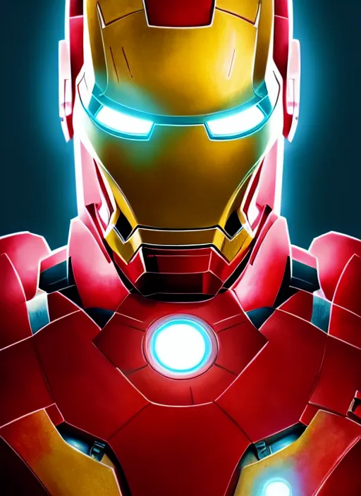 Image similar to highly detailed portrait of iron man, stephen bliss, unreal engine, greg rutkowski, loish, rhads, beeple, makoto shinkai and lois van baarle, ilya kuvshinov, rossdraws, tom bagshaw, tom whalen, alphonse mucha, global illumination, god rays, detailed and intricate environment