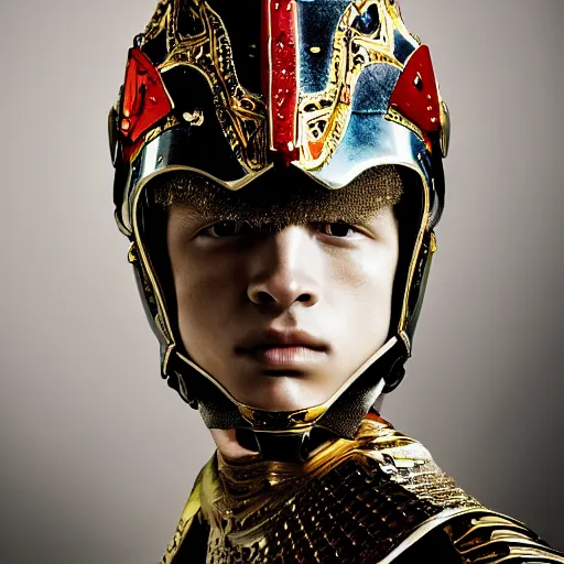 Prompt: a portrait of a beautiful young martian male wearing an alexander mcqueen armor , photographed by andrew thomas huang, artistic