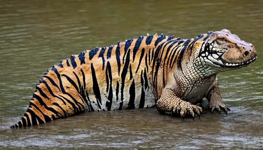 Image similar to an alligator tiger!!! hybrid! hyper realistic!! realistic lighting!! wildlife photographer of the year!!! bold natural colors, national geographic, hd, wide angle, 8 k