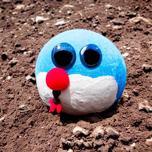 Image similar to photo of a ball of dirt with tiny legs, round blue eyes, a red clown nose, and a cute smile, creature made of dirt and soil