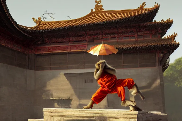 Image similar to A MONKEY dressed as a shaolin monk, standing in front of an ancient chinese palace, cinematic lighting, artstation, greg rutkowski