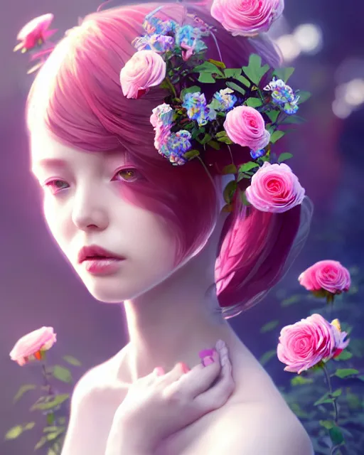 Image similar to perfect android girl, roses in hair, cyborg, flowers, metallic surface, cinematic lighting, garden, utopia, beautiful girl, kim hyun joo, advanced technology, futuristic, art by ilya kuvshinov and akiko takase and eugene gottsnake and stanislav istratov and su fu and antoine collignon