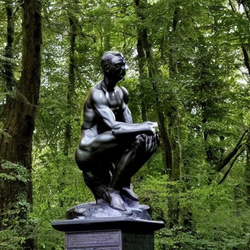 Image similar to The thinker sculpture by auguste rodin in the style of William Bartram mushrooms at the base , placed in a lush forest