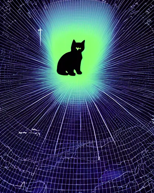 Prompt: stacked plot of radio emissions from a pulsar, data visualization charts constructing a fluffy cat isolated on black, silk screen t-shirt design 4K