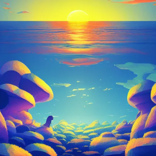 Image similar to sunset landscape ocean album cover, cartoon digital painting, detailed, beautiful brush stroke rendering, by beeple, by hayao miyazaki, by takashi murakami, by masahiro ito, 4 k wallpaper