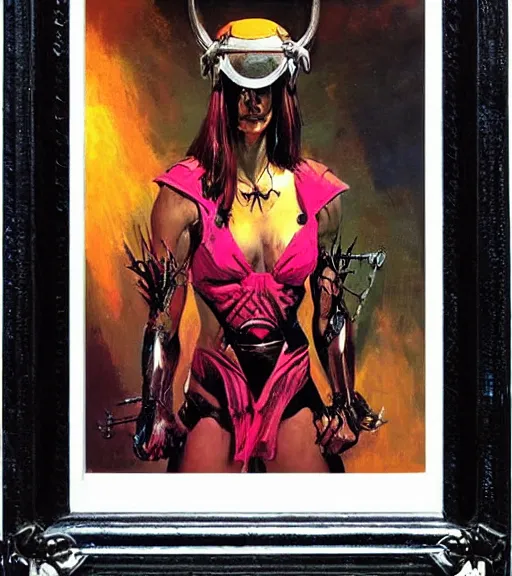 Image similar to portrait of strong female chaos angel, beautiful! coherent! by frank frazetta, by brom, strong line, vivid neon color, spiked metal armor, iron helmet maximalist