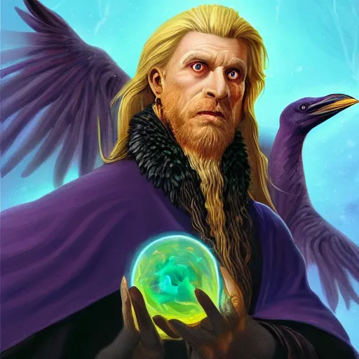 Image similar to Meneldas the Magnificent, a proud wizard with a raven familiar, 8k resolution, full-length portrait, digital painting, fantasy illustration by Brom, D&D character art