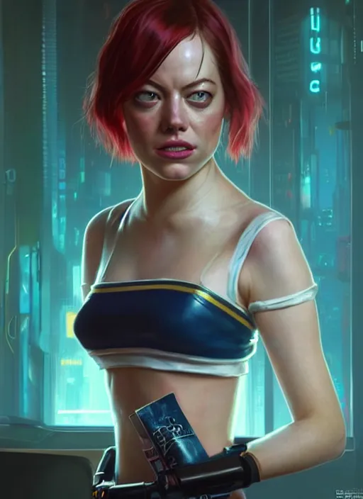 Prompt: portrait of Emma Stone as a waitress character in Cyberpunk 2077, looking at camera, intricate, elegant, sci-fi, extremely detailed, digital painting, artstation, concept art, smooth, sharp focus, illustration, ambient lighting, incredible art by artgerm and greg rutkowski and alphonse mucha and simon stalenhag