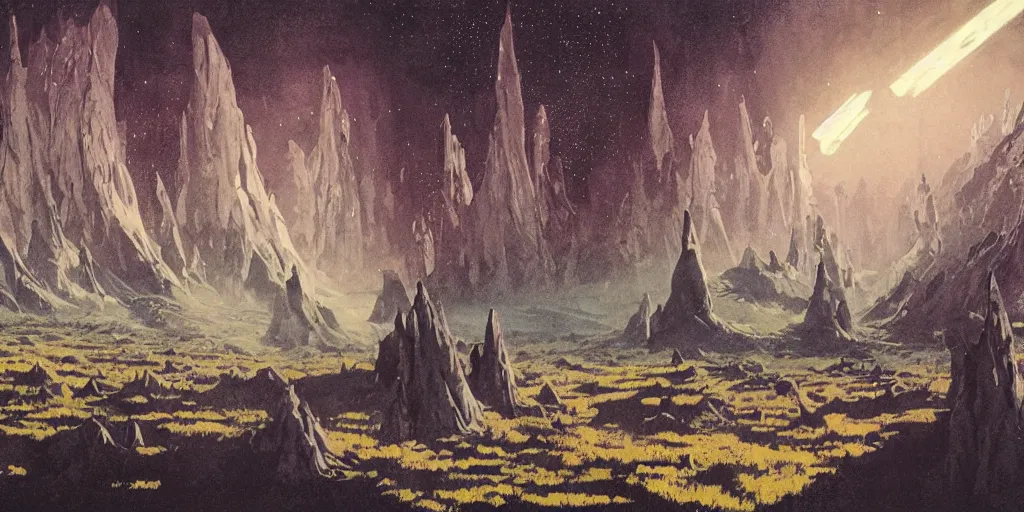 Image similar to Artwork by Dean Ellis of the cinematic view of the Celestial Forest of Buried Enchantments.