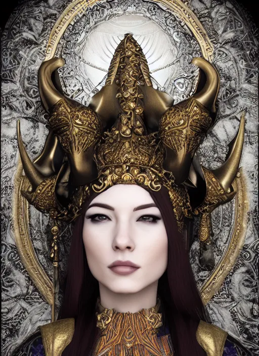 Image similar to a portrait of female priestess by candy makeup, photorealistic, intricate details, hyper realistic, fantasy, elegant, baroque, horn, ram skull headpiece, photorealistic, photography, symmetrical features, symmetrical pose, wide angle shot, feet on the ground, wearable art, unreal engine
