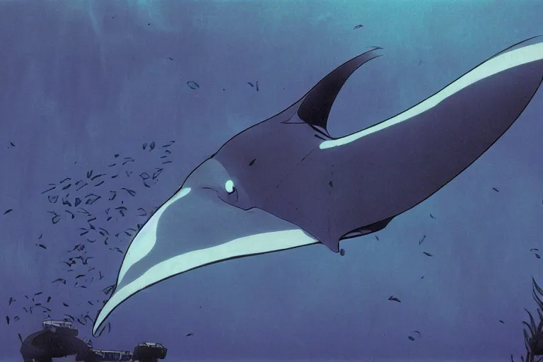 Prompt: a huge manta ray, under water,, cel shaded, studio ghibli, yoshiaki kawajiri
