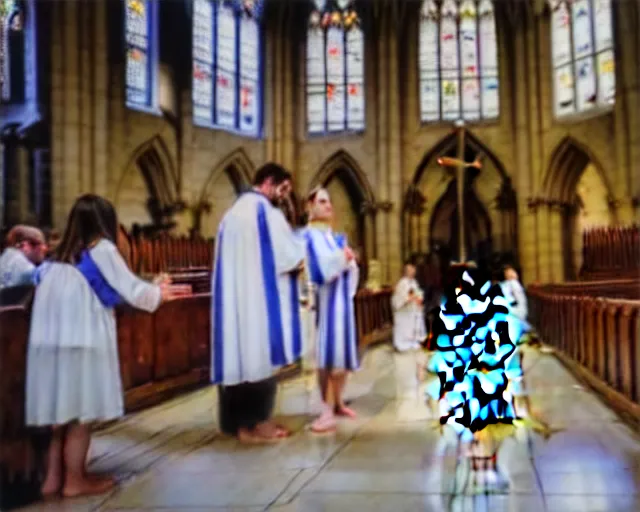 Prompt: R2D2. Getting baptised, in a large cathedral, in front of family and friends. Wide-Angle Lens. Maximum detail.