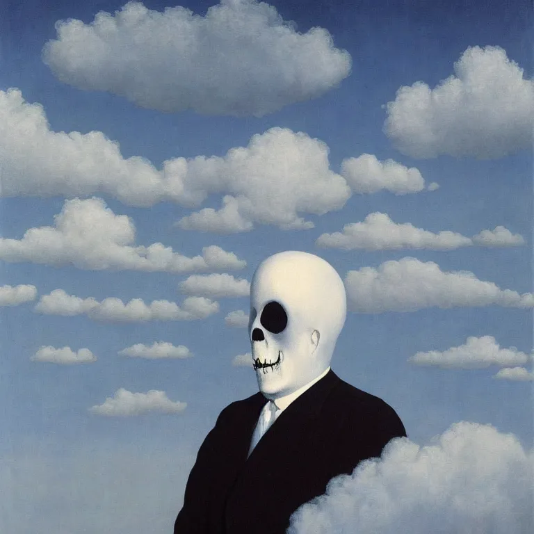 Prompt: portrait of a scary creepy ghost death, clouds in the background, by rene magritte, detailed painting, distance, middle centered, hd, hq, high resolution, high detail, 4 k, 8 k