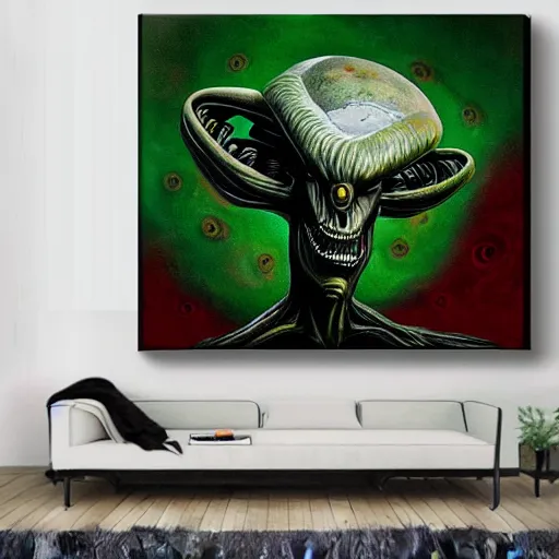 Prompt: alien long big brain grotesque cosmic horror scifi cover menacing scary uncanny eerie style oil painting heavy brushstrokes dramatix album cover red green