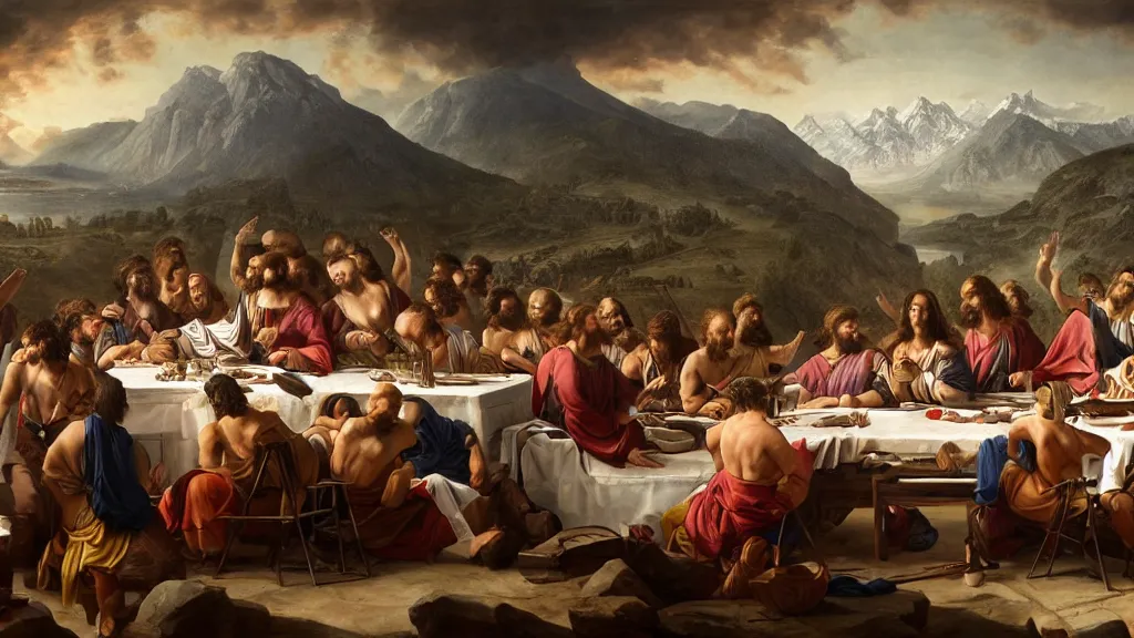 Prompt: a mix between the last supper and the raft of the medusa, with the mountains from napoleon crossing the alps in the back, sunny morning, matte painting, oil canvas, photorealistic illustration, extreme detail, hyper realistic, highly detailed, digital art