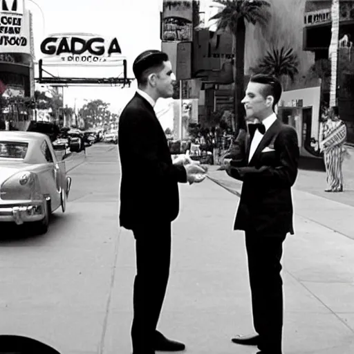 Image similar to G-Eazy meeting Frank Sinatra in the Hollywood Boulevard, filmed by Steven Spielberg