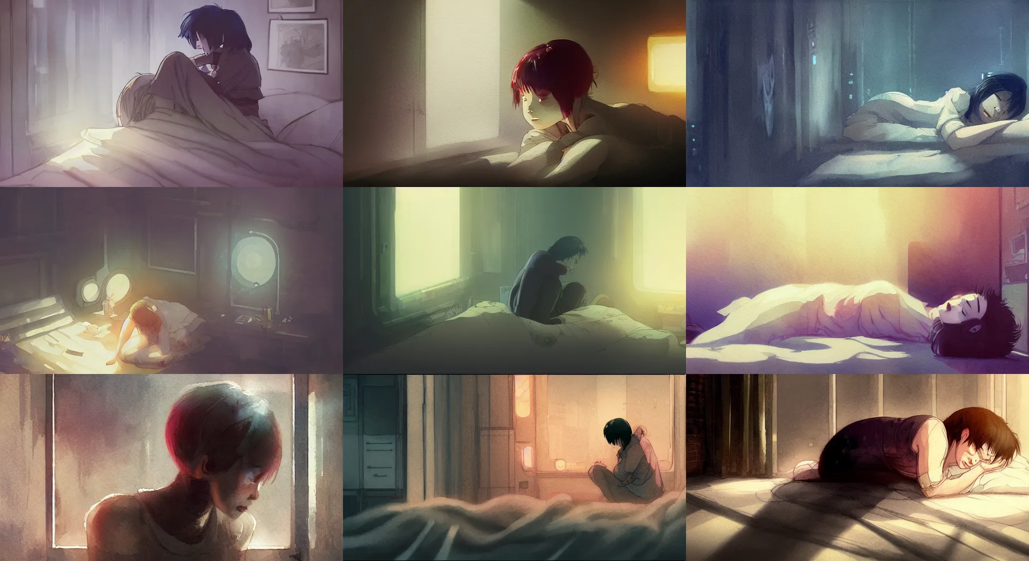 Prompt: character crying curled up in bed, dark room light peaking in through blinds, godrays, dust, ghost in the shell, blade runner, concept art, cinematic lighting, digital art, illustration, vibrant watercolor, wenjun lin, studio ghibli, pixiv, top down camera angle, wide shot, film grain