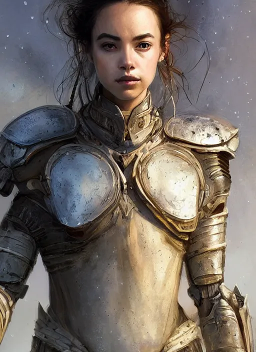 Image similar to a professional portrait of a beautiful young female, clothed in ethereal battle armor, olive skin, long dark hair, beautiful bone structure, symmetrical facial features, intricate, elegant, digital painting, concept art, smooth, sharp focus, finely detailed, illustration, from Valerian and the City of a Thousand Planets, in the style of Ruan Jia and Mandy Jurgens and Artgerm and Greg Rutkowski and William-Adolphe Bouguerea