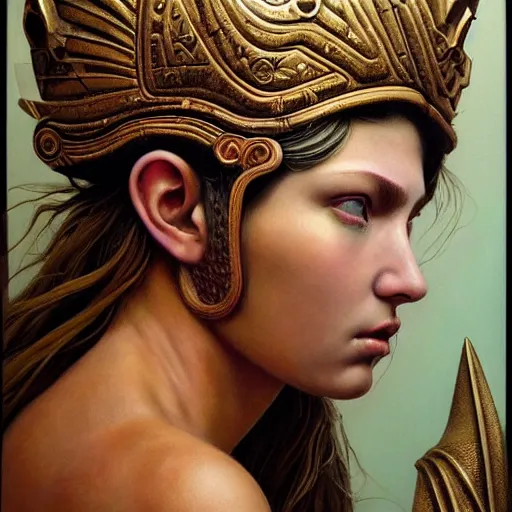 Image similar to hyperrealistic mixed media painting of beautiful goddess Athena, stunning 3d render inspired art by P. Craig Russell and Barry Windsor-Smith, perfect facial symmetry, dim volumetric lighting, 8k octane beautifully detailed render, post-processing, portrait, extremely hyper-detailed, intricate, epic composition, brown eyes, realistic realistic realistic eyes, cinematic lighting, masterpiece, trending on artstation, detailed detailed detailed, masterpiece, stunning